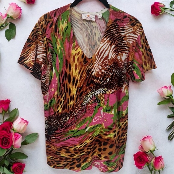 Quacker Factory Leopard and Floral Print Rhinestone V-Neck Blouse Size S - Picture 1 of 10